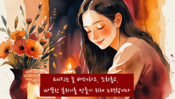 ENFJ는 늘 배려하고, 조화롭고, 따뜻한 분위기를 만들기 위해 노력합니다에 관한 그림입니다.