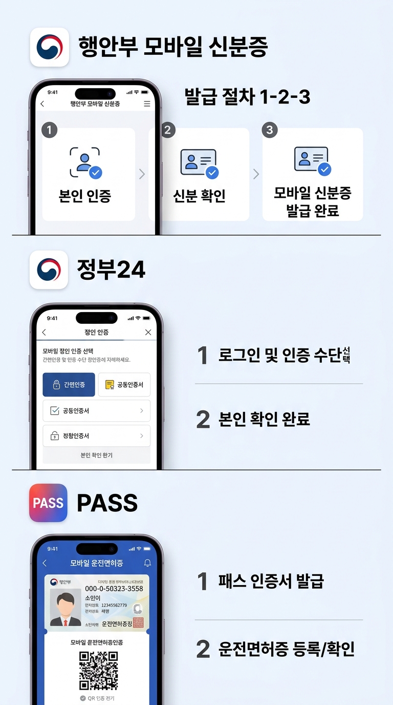 모바일 신분증 발급 방법 - 행안부&middot;정부24&middot;PASS 앱 3종 발급 절차