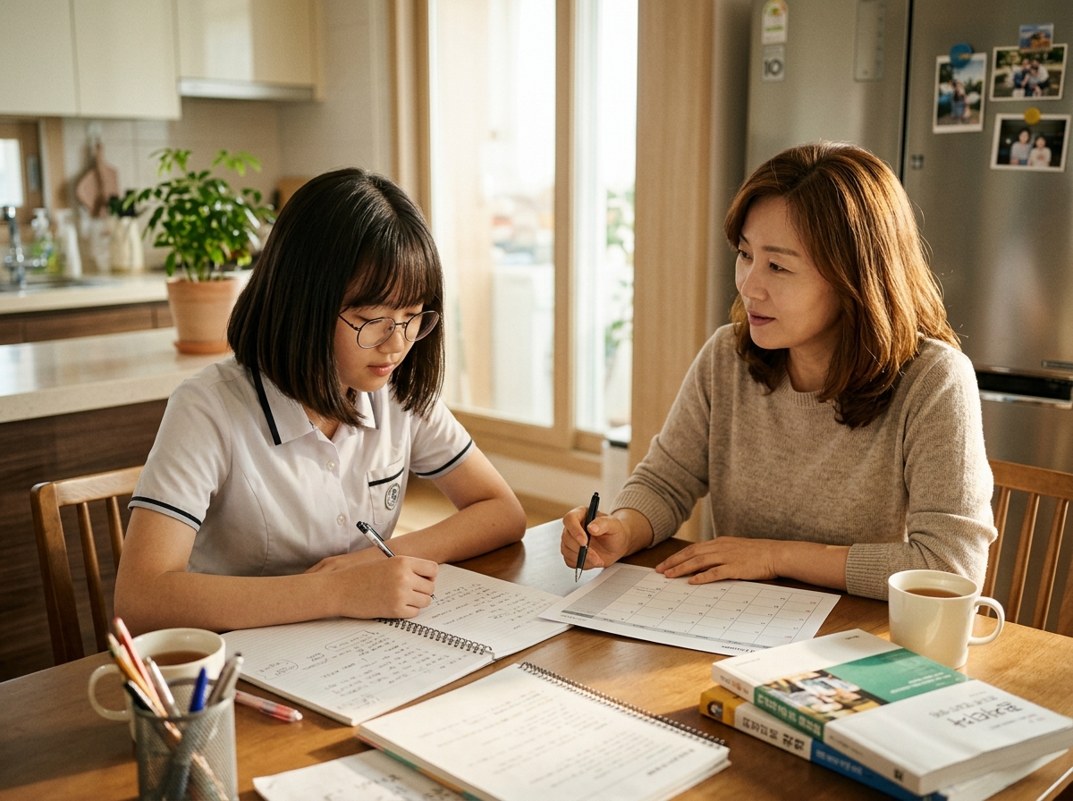 중학생이 부모님과 함께 학습 재정비 계획을 세우는 모습