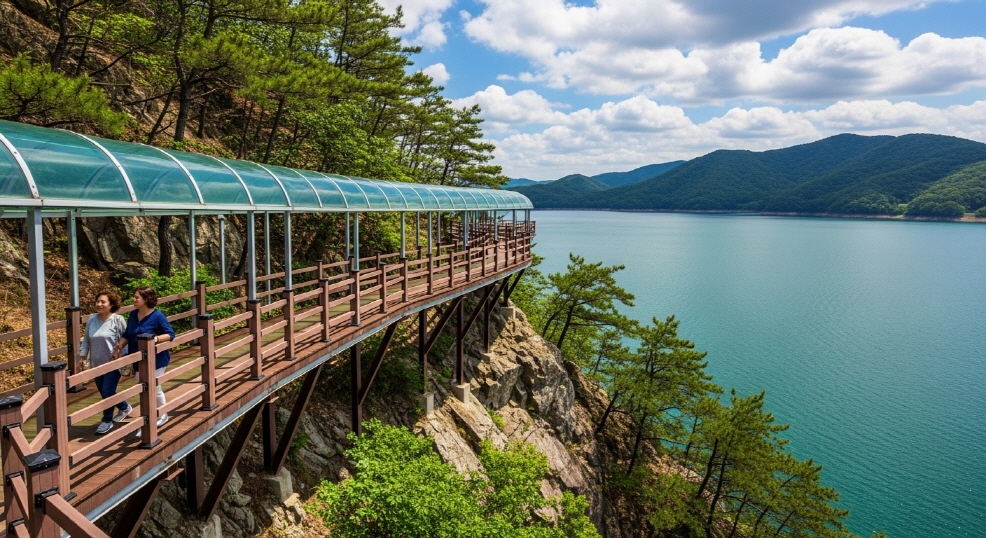 단양강잔도 따라 걷는 관광객