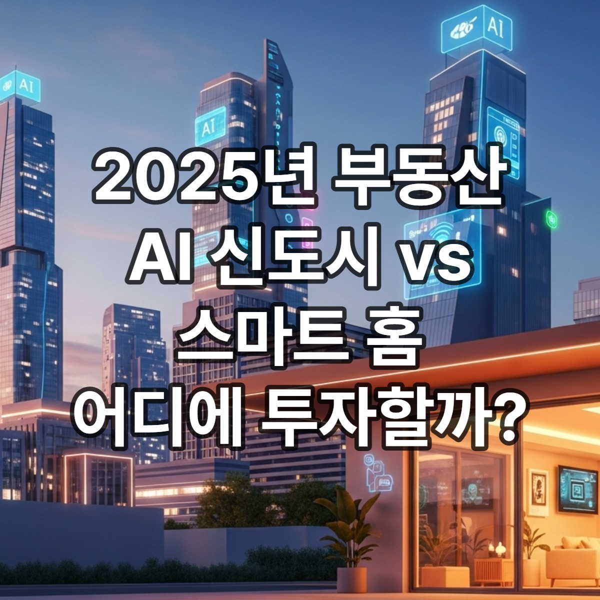 첨단 AI 기술이 통합된 미래형 스마트 도시와 아늑한 스마트 홈이 조화를 이룬 풍경. 2025년 부동산 시장의 혁신적인 주거 환경을 보여주는 이미지.