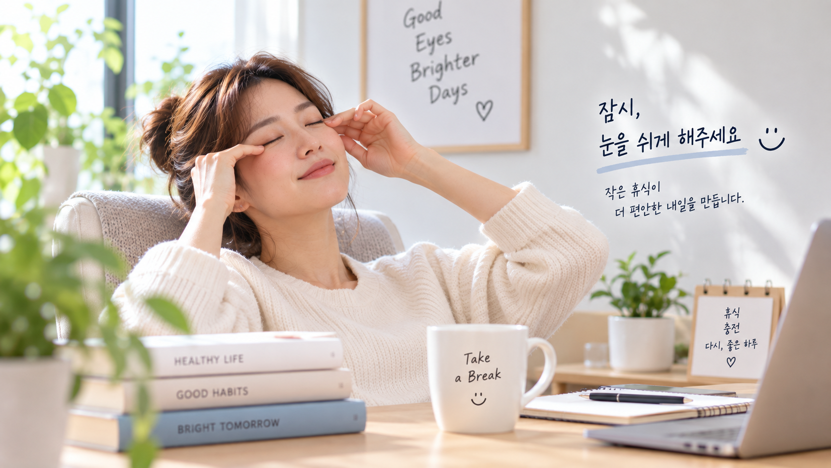 눈꺼풀 떨림 관리를 위해 화면을 끄고 눈을 쉬게 하는 생활 모습