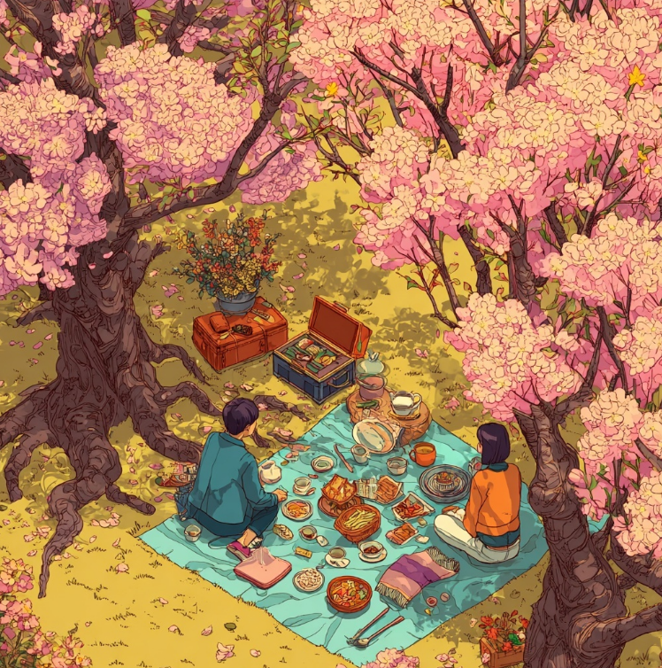벚꽃놀이나온 가족 일러스트