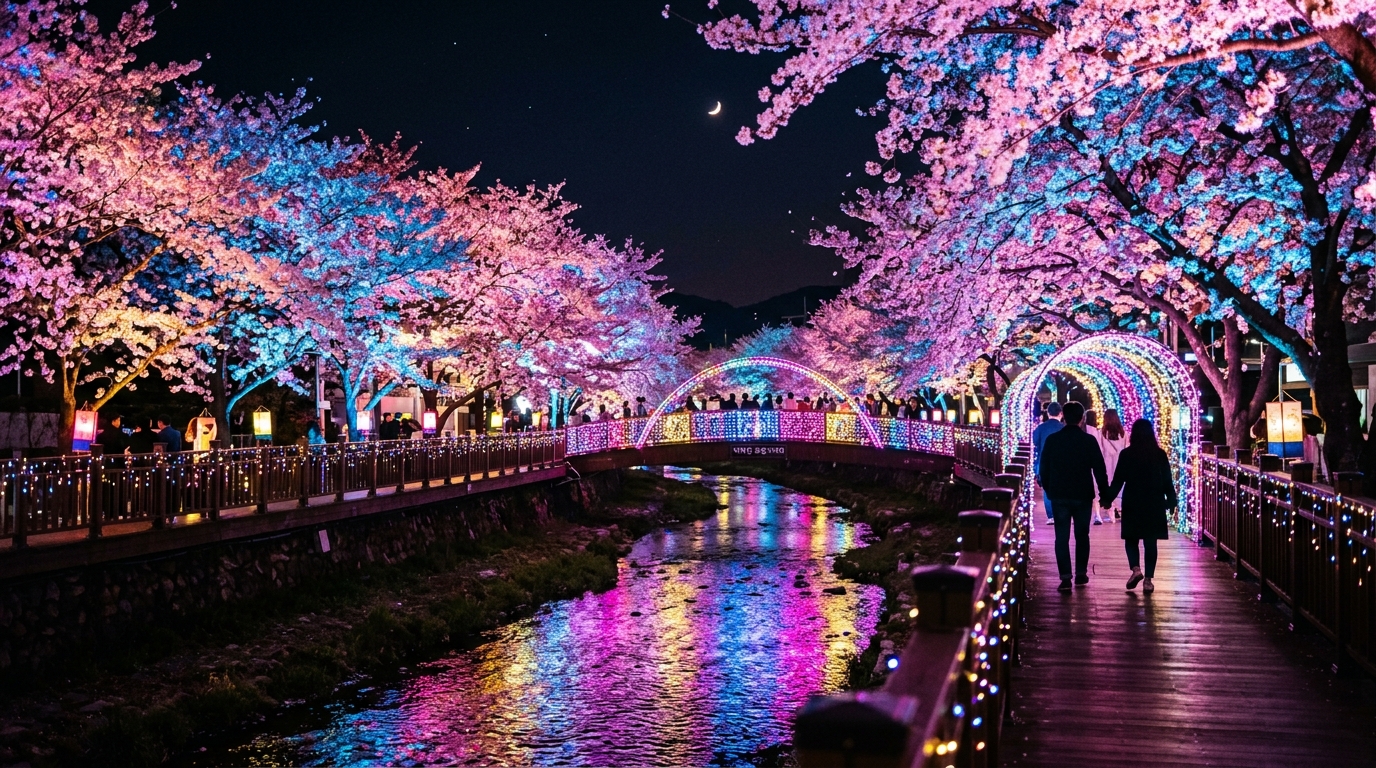 진해 여좌천 별빛 축제 야간 조명 아래 벚꽃 풍경