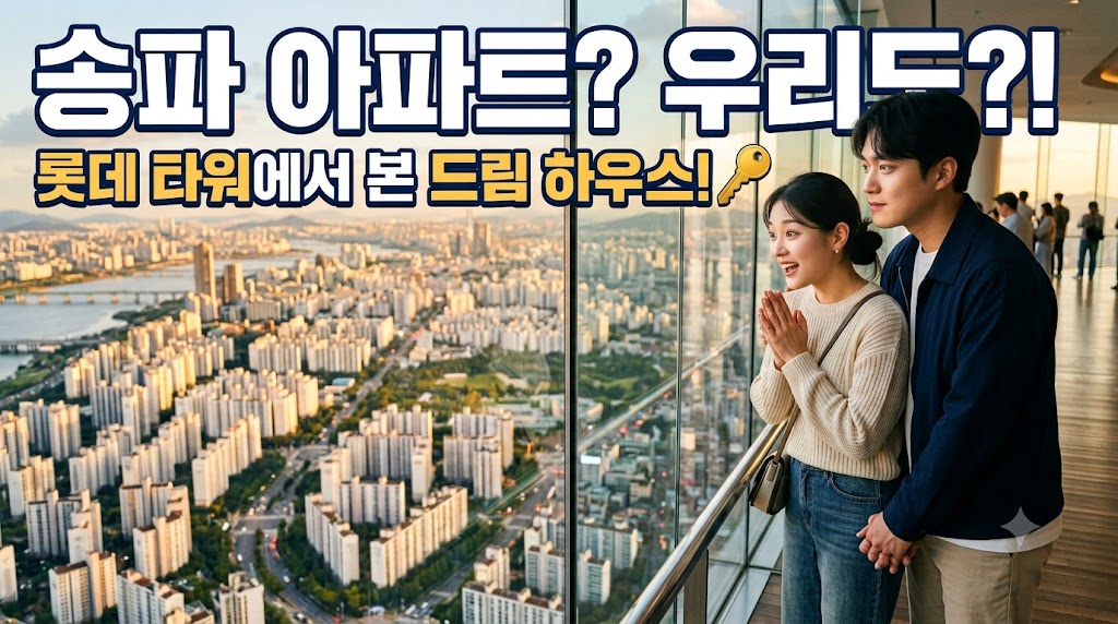 ext)
송파구 롯데월드타워 서울스카이 전망대 유리창 너머로 펼쳐진 송파 아파트 단지 전경을 부러운 표정과 감탄하는 자세로 내려다보고 있는 20대 젊은 부부의 모습
4. 사진출처