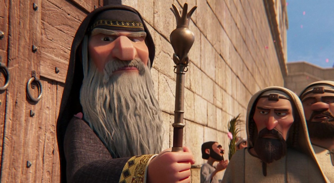 킹 오브 킹스 애니메이션에서 권위적인 모습으로 등장한 가야바 대제사장의 장면