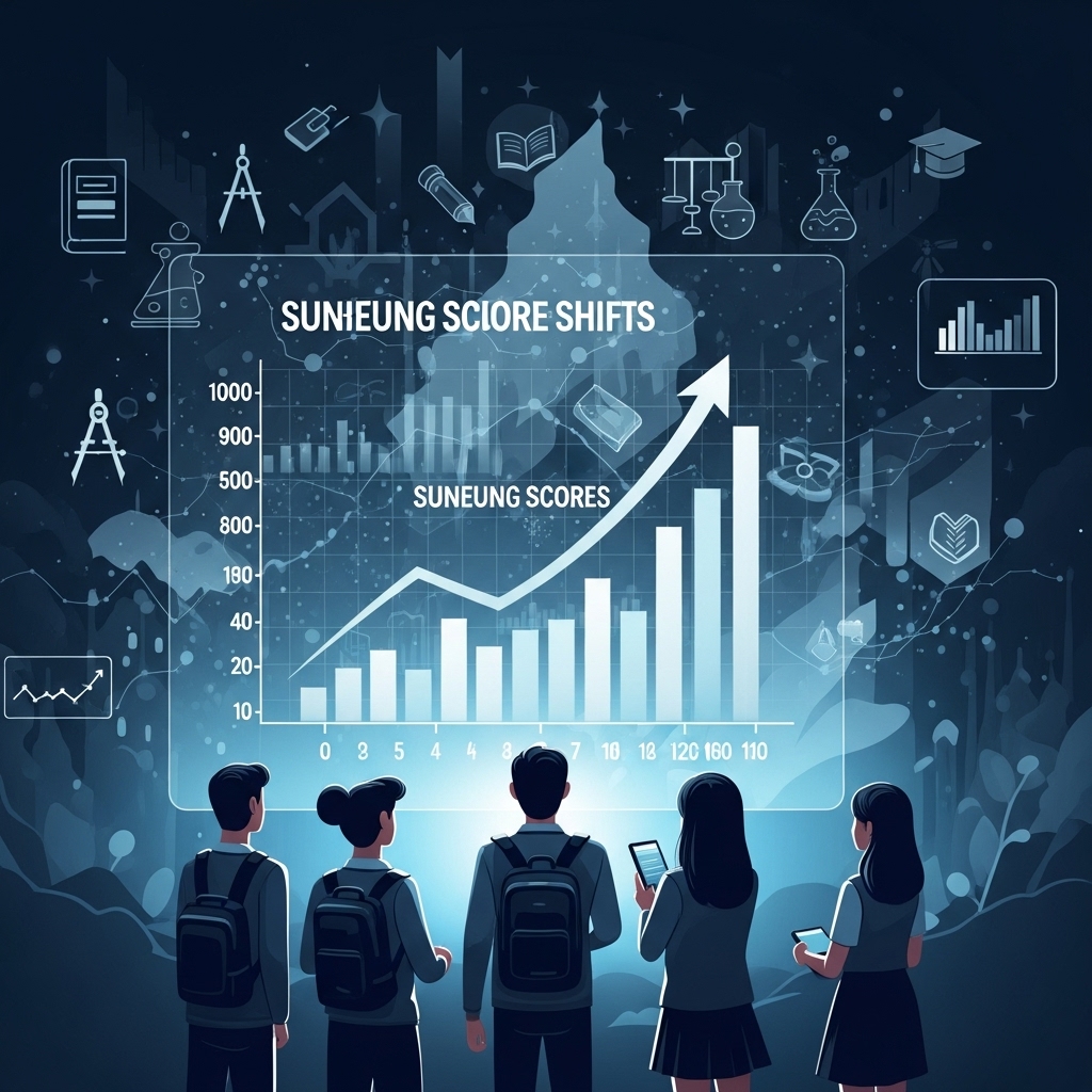 2025 수능 결과 분석을 통해 2026학년도 입시 전략을 고민하는 학생들의 모습과 복잡한 입시 데이터를 시각화한 이미지.