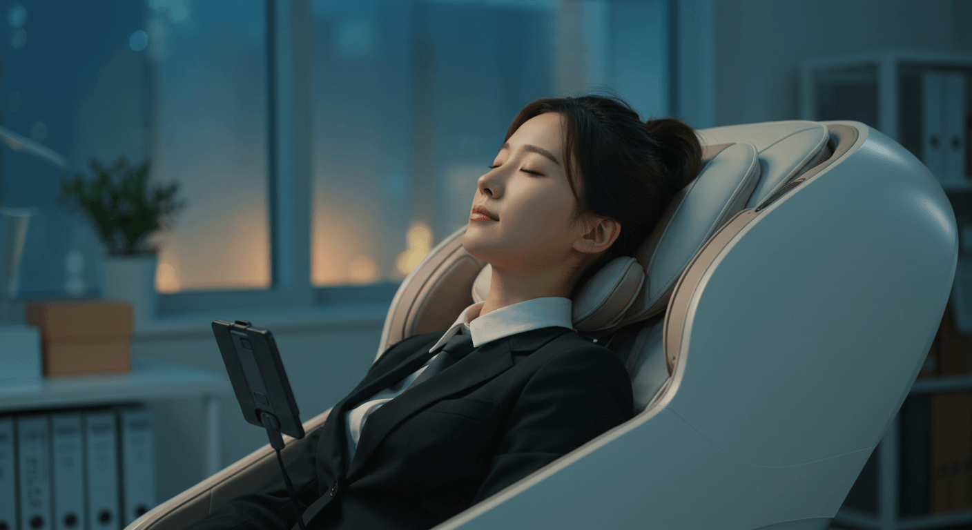 브라운 컬러 안마의자에서 어깨 마사지를 받으며 만족스러운 표정을 짓는 직장인 2