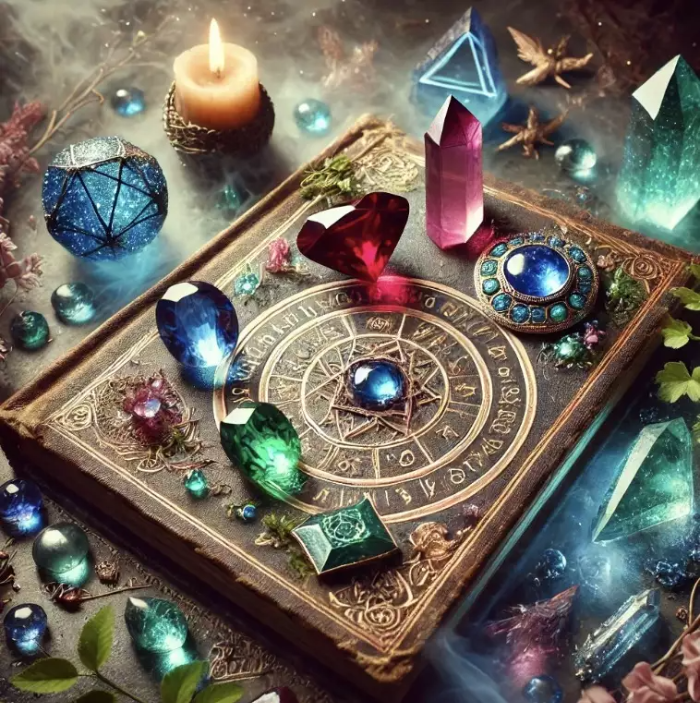 신비로운 분위기 속에서 고대의 책 위에 놓인 루비, 사파이어, 에메랄드 등 다양한 보석들. 책에는 빛나는 룬 문자가 새겨져 있으며, 부드러운 안개와 빛나는 구체, 희미하게 보이는 신화 속 생명체들이 배경에 나타나 보석과 관련된 전설과 신화를 떠올리게 한다.