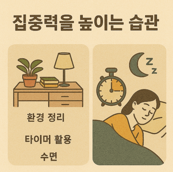 정리정돈 된 책상 이미지와 타이머와 잠을 자는 여성의 이미지