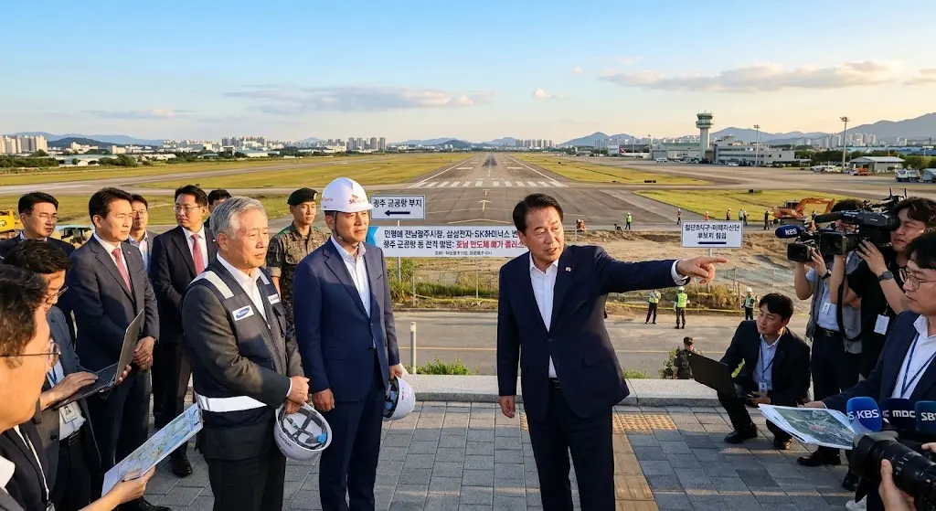 민형배 전남광주통합특별시장이 광주 군공항 이전 부지를 방문하여 관계자들과 삼성전자 및 SK하이닉스 호남 반도체 메가 클러스터 공장 입지 후보지를 점검하는 현장 스틸컷 이미지