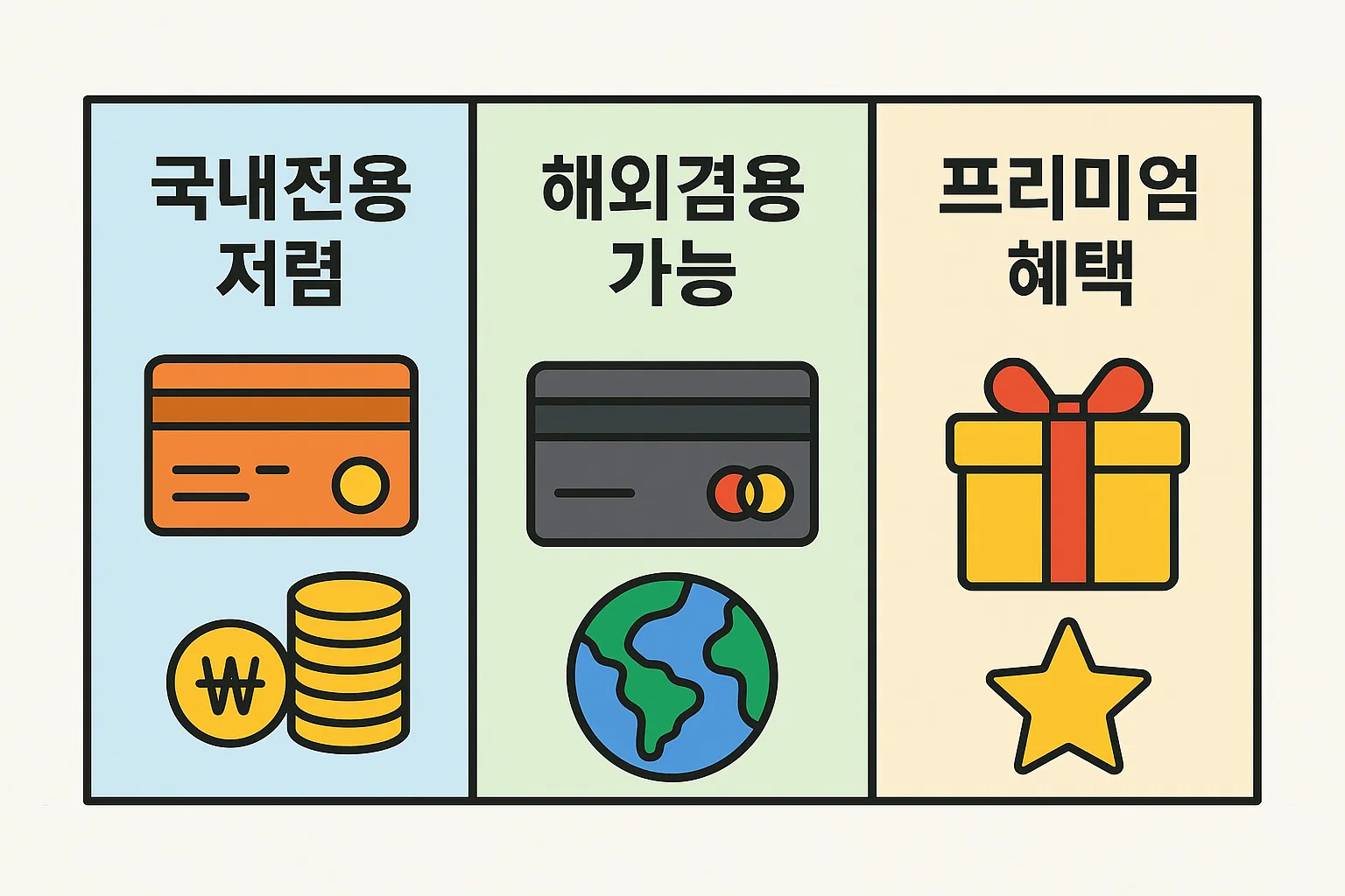 국내전용, 해외겸용, 프리미엄 카드의 연회비 구성 차이와 혜택 차이를 한눈에 비교한 인포그래픽 이미지