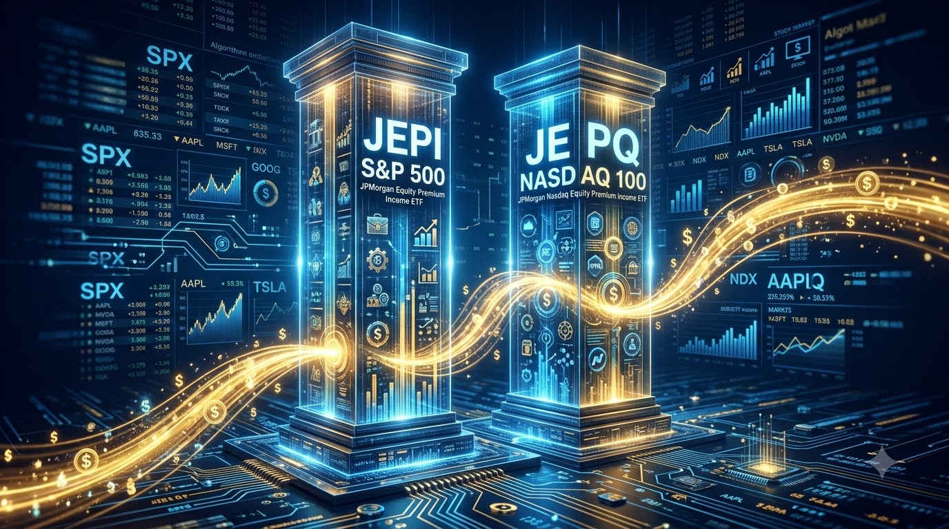 미국 대표 월배당 ETF인 S&amp;P 500 기반 JEPI와 나스닥 100 기반 JEPQ의 수익률 및 분배금을 1대 1로 정밀 비교하는 하이테크 금융 그래픽