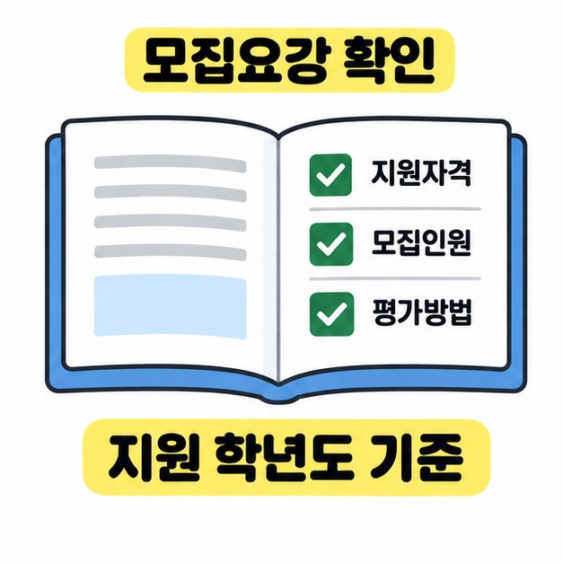 지원 학년도 모집요강에서 지원자격과 모집인원, 평가방법을 확인하도록 체크 표시를 넣은 책 그림