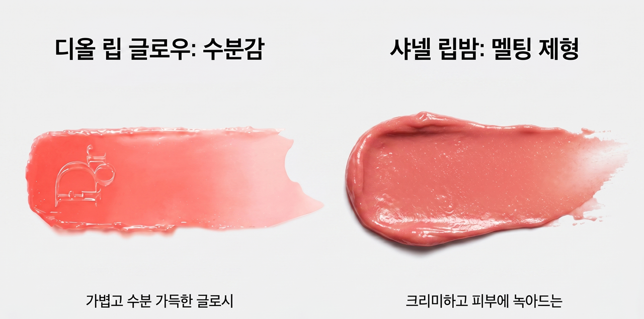 디올 립 글로우의 수분감과 샤넬 립밤의 멜팅 제형 비교(Texture comparison of Dior Lip Glow's moisture and Chanel Lip Balm's melting butter)