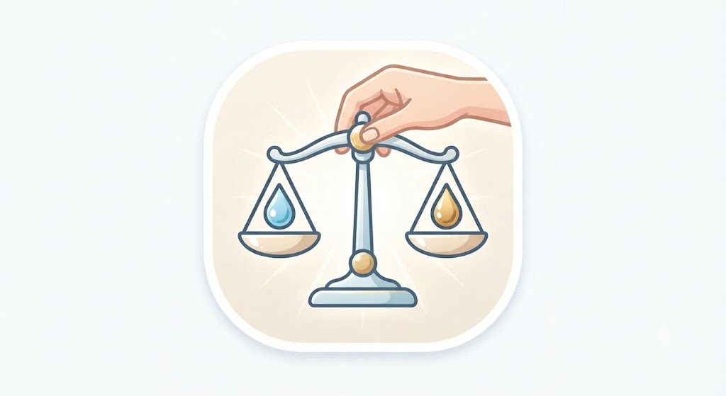 피부의 유분과 수분 균형을 보여주는 저울 인포그래픽. 저울의 양쪽 끝에 유분과 수분이 놓여 있으며, 균형을 맞추기 위해 유수분 밸런스가 중요하다는 의미를 시각적으로 표현함."