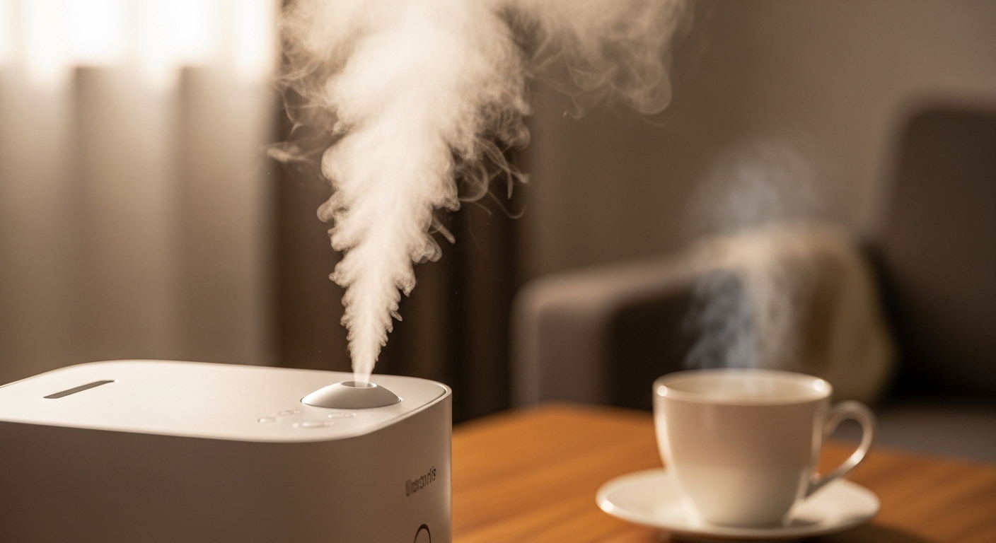 따뜻하고 아늑한 방에서 가습기가 작동하며 촉촉한 증기를 뿜어내는 모습, 겨울철 난방 효과를 높이는 가습기 활용의 중요성을 나타냅니다.