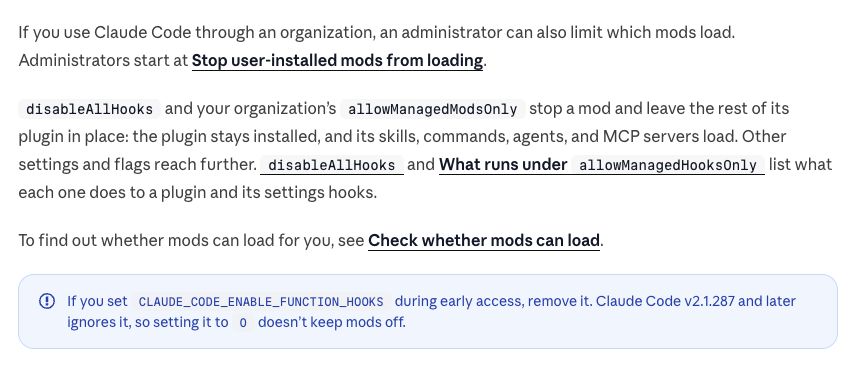 모드 공식 문서의 안내, 얼리 액세스 때 설정한 CLAUDE_CODE_ENABLE_FUNCTION_HOOKS는 v2.1.287부터 무시되므로 지울 것
