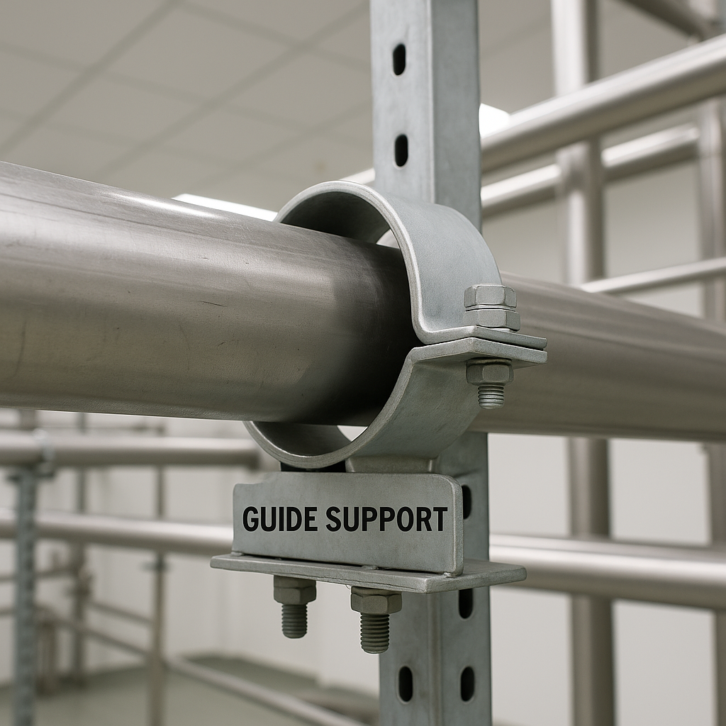 Realistic close-up of a guide support securing stainless steel piping in an industrial cleanroom