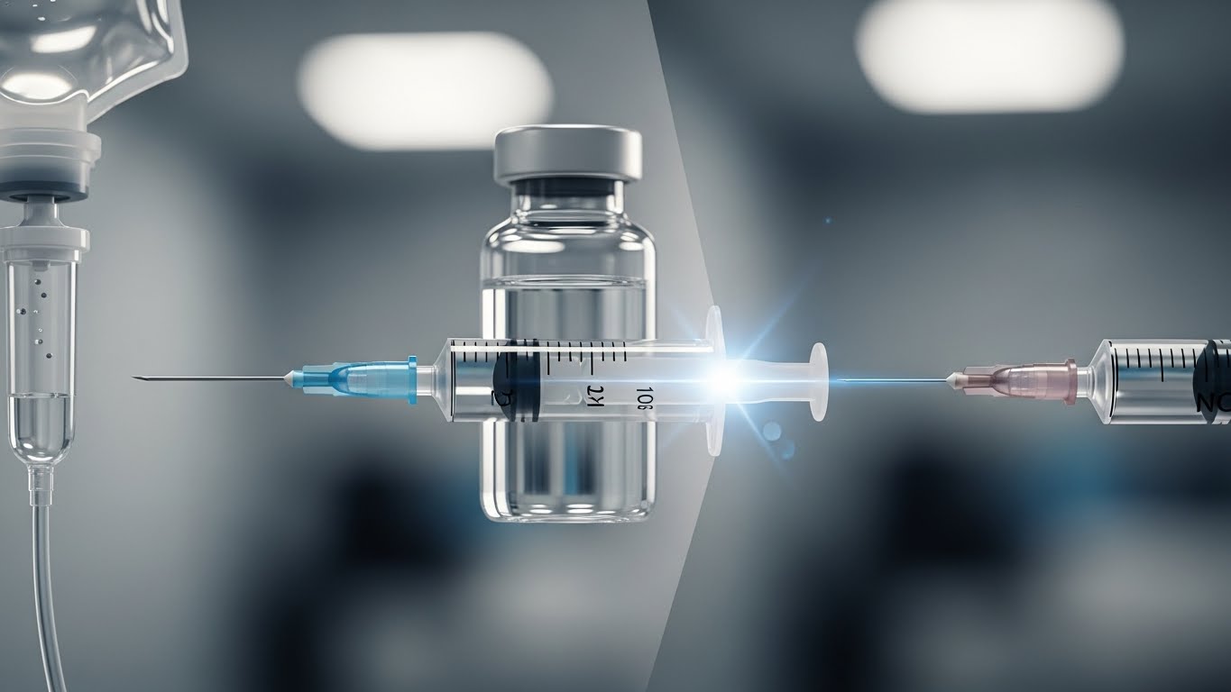 Close-up of a medical vial and a syringe transforming from intravenous drip to a simple subcutaneous injection, illustrating SC technology innovation
