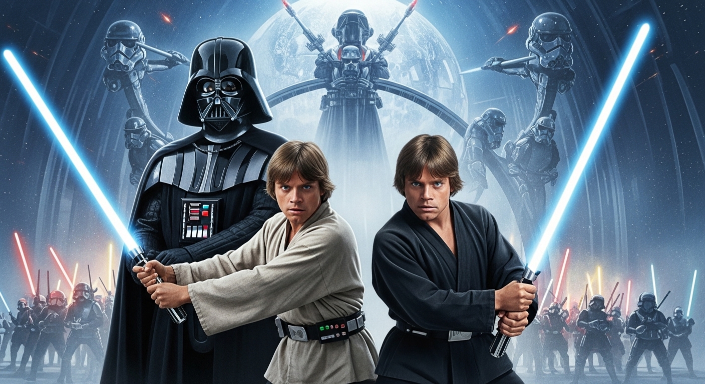 다스베이더와 루크 스카이워커가 광선검으로 전투하는 스타워즈의 상징적인 장면. 존 윌리엄스의 웅장한 음악이 느껴지는 듯한 역동적인 이미지