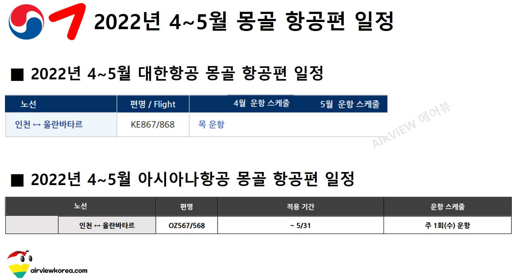 2022년 4월에서 5월까지 대한항공과 아시아나항공이 몽골에 취항하는 일정을 기록한 표