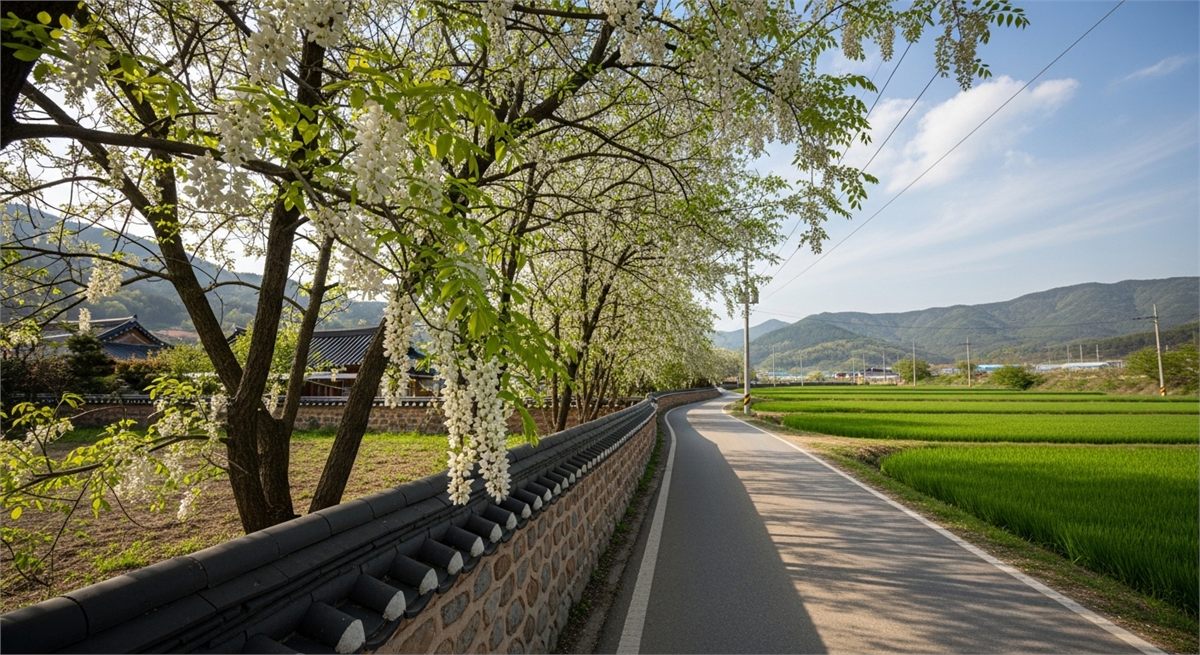 늦봄 시골길 위로 아카시아 꽃송이가 드리운 풍경 