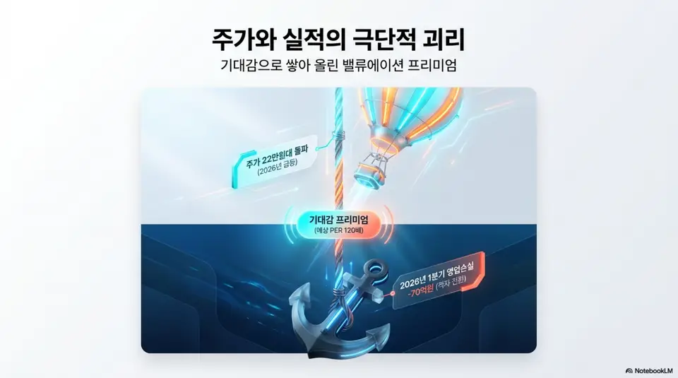 주성엔지니어링 주가와 실적의 극단적 괴리를 보여주는 인포그래픽. 상단에는 주가 22만원대 돌파를 나타내는 열기구가 떠 있고 하단에는 2026년 1분기 영업손실 마이너스 70억원 적자 전환을 나타내는 닻이 놓여 있으며 중간에 기대감 프리미엄 예상 PER 120배라는 밸류에이션 수준이 표시되어 있다