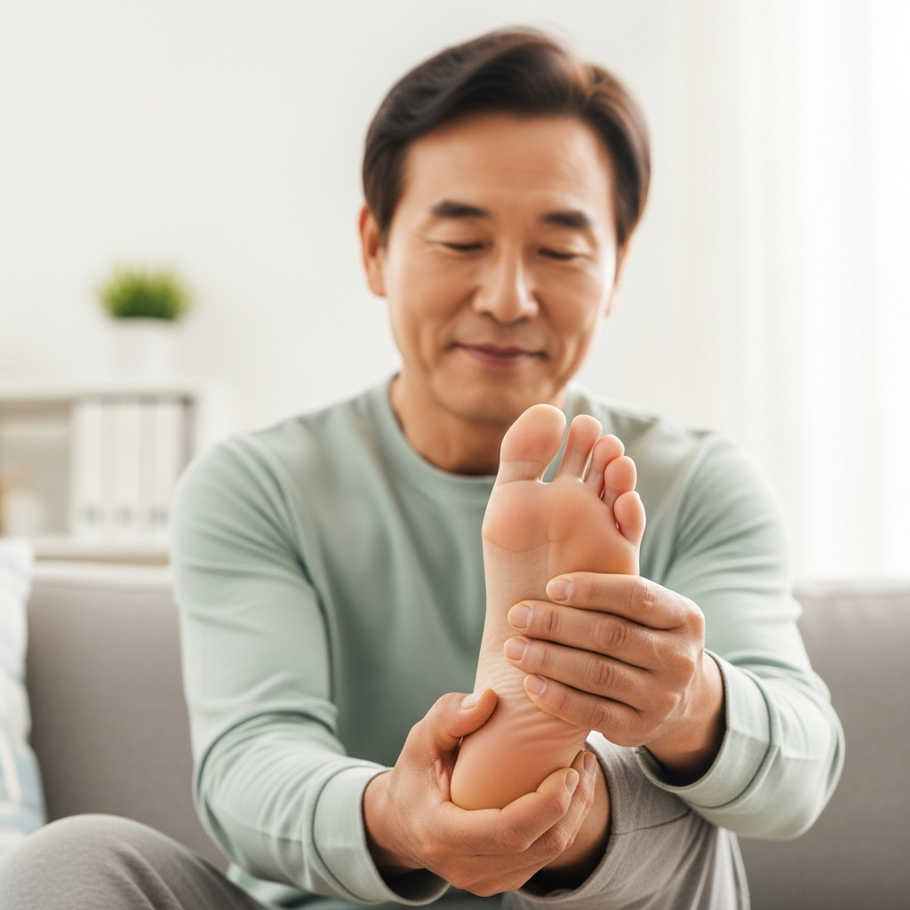 [이미지 1: 한 중년의 한국인 남성이 밝은 거실 소파에 앉아, 자신의 발을 부드럽고 소중하게 만지며 살펴보는 모습]