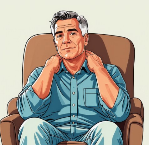 한 남성이 의자에 편한 자세로 앉아서, 목 뒤를 마사지하고 있습니다.