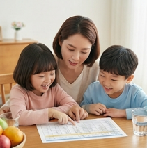 표를 함께 들여다보는 부모와 아이