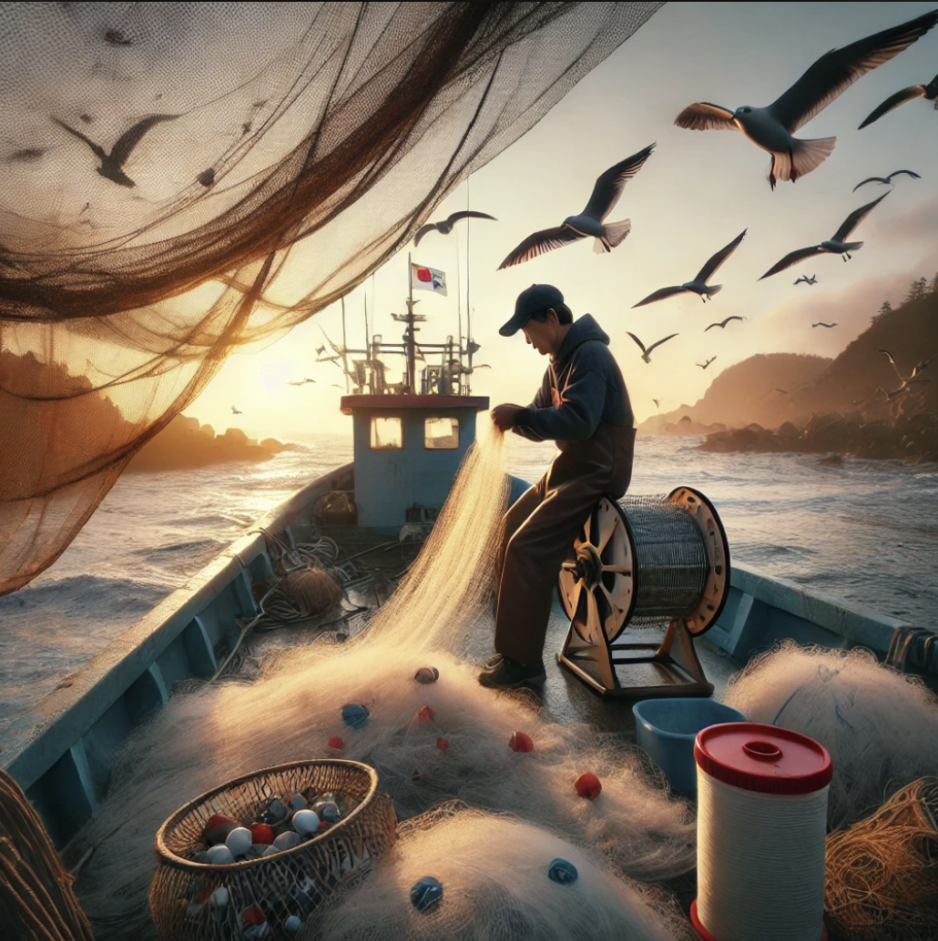 배 위에서 그물을 수리하는 어부.