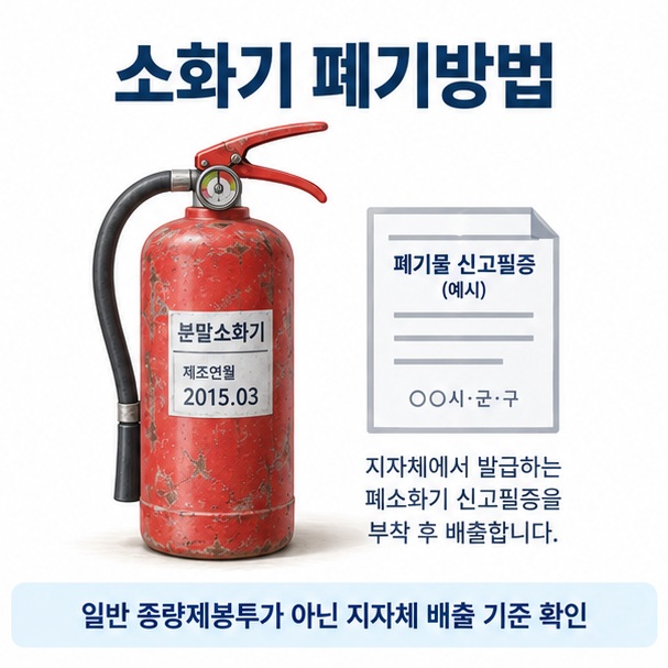 소화기 폐기방법이라는 제목과 노후 분말소화기 및 폐기물 신고필증을 표현한 대표 이미지