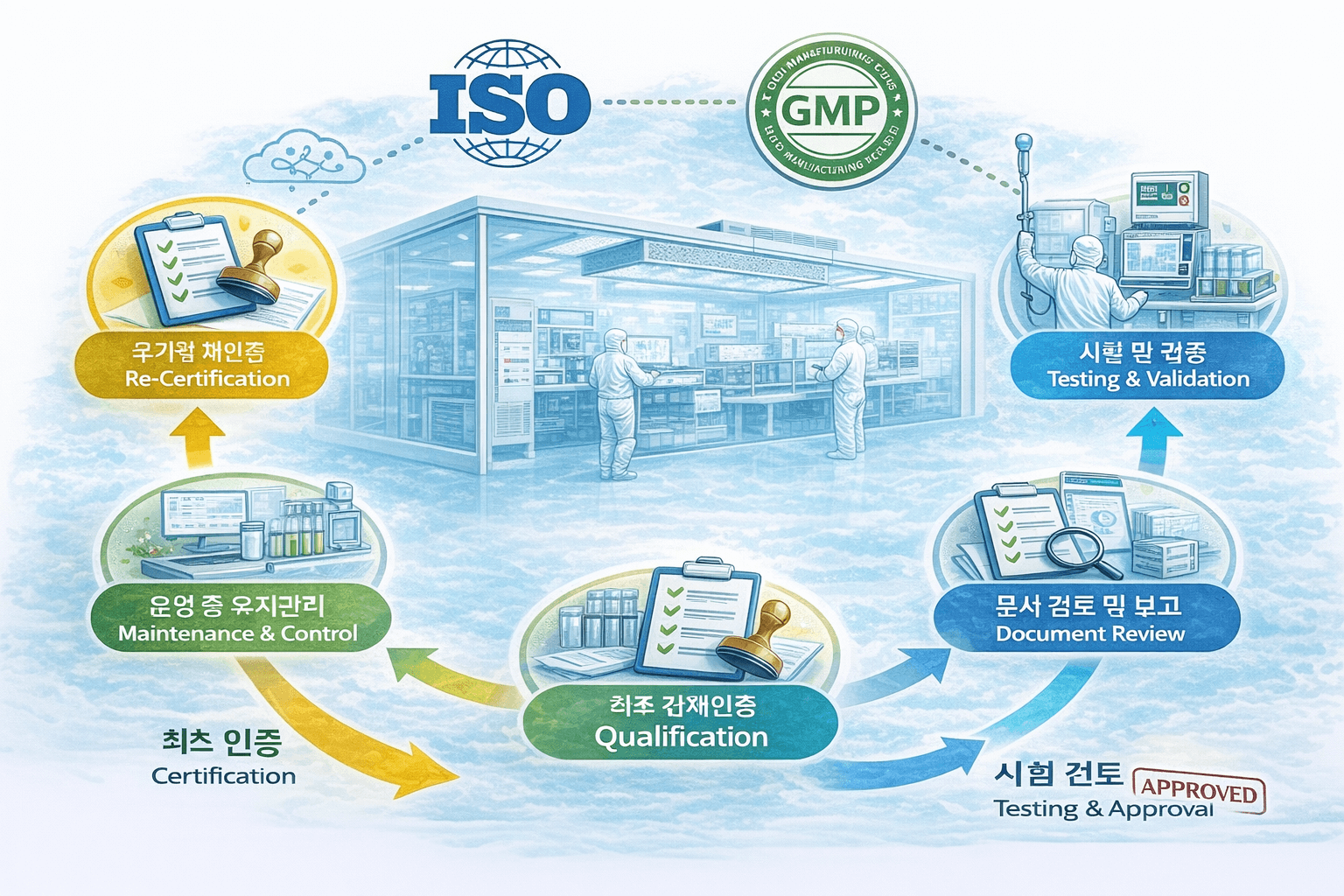클린룸 인증 및 재인증 절차 흐름도 인포그래픽