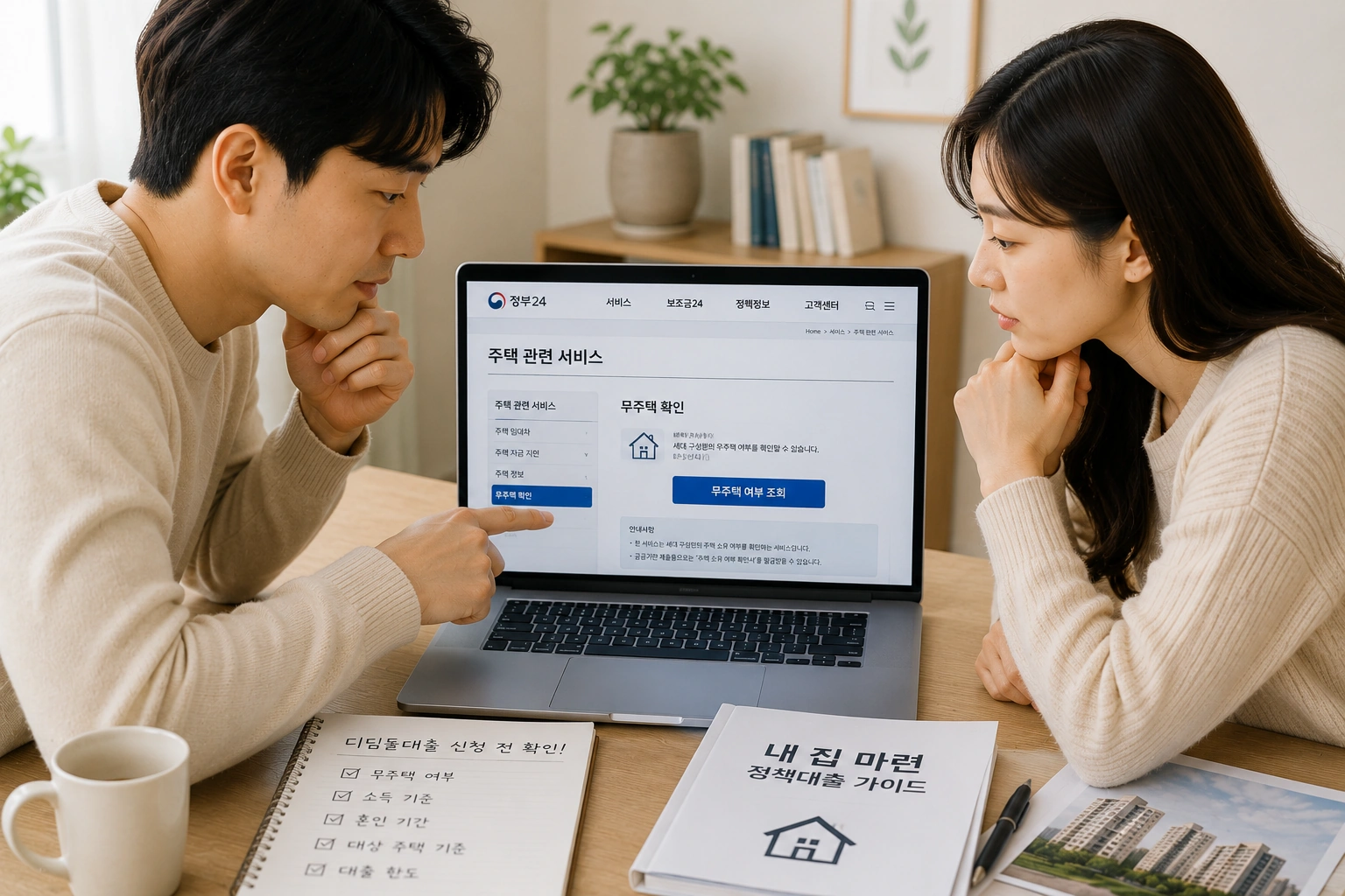 신혼부부가 정부 주택 관련 사이트에서 무주택 여부와 디딤돌대출 신청 자격을 함께 확인하는 모습