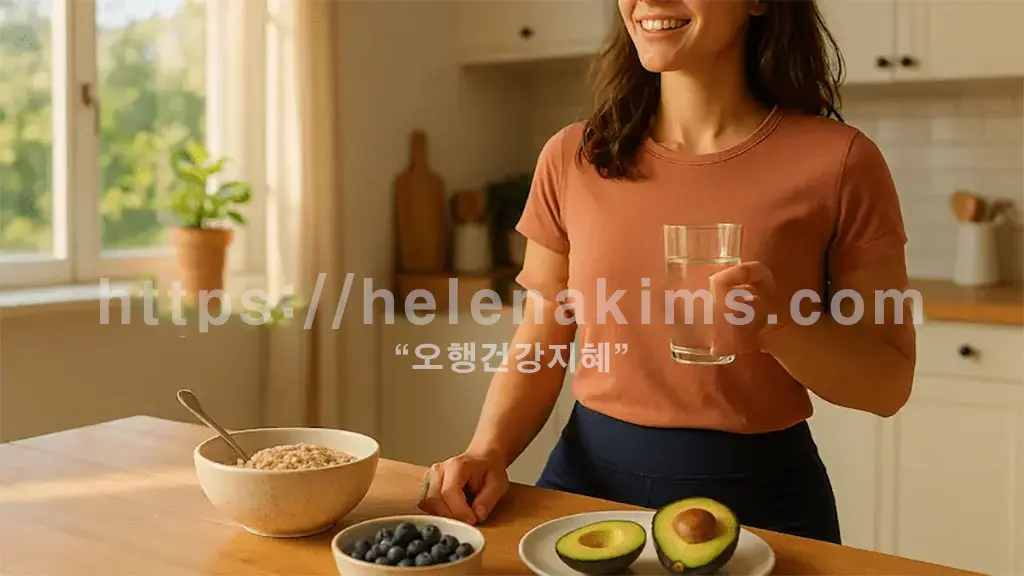식탁 위에 아보카도, 오트밀, 블루베리 등 당뇨 전 단계 관리하는 여성의 이미지.