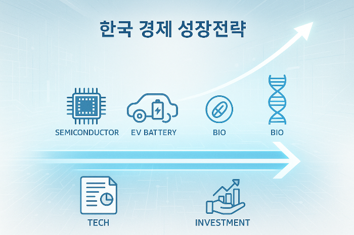 한국 전략 산업 전환과 정책 방향을 시각화한 미래형 경제 로드맵 이미지