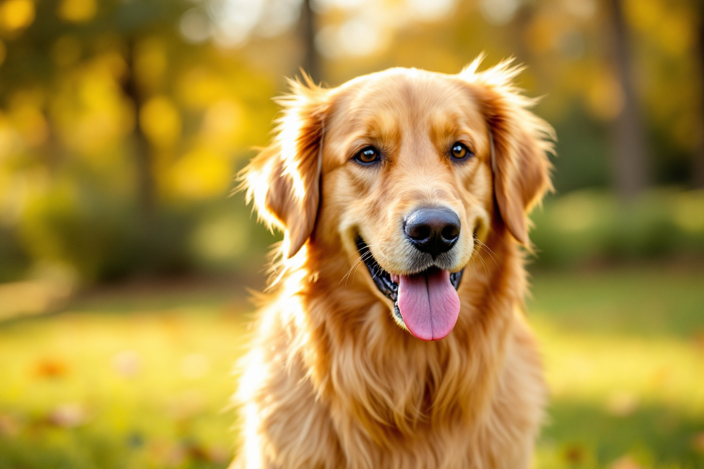 golden retriever with shiny golden fur in a park, friendly expression