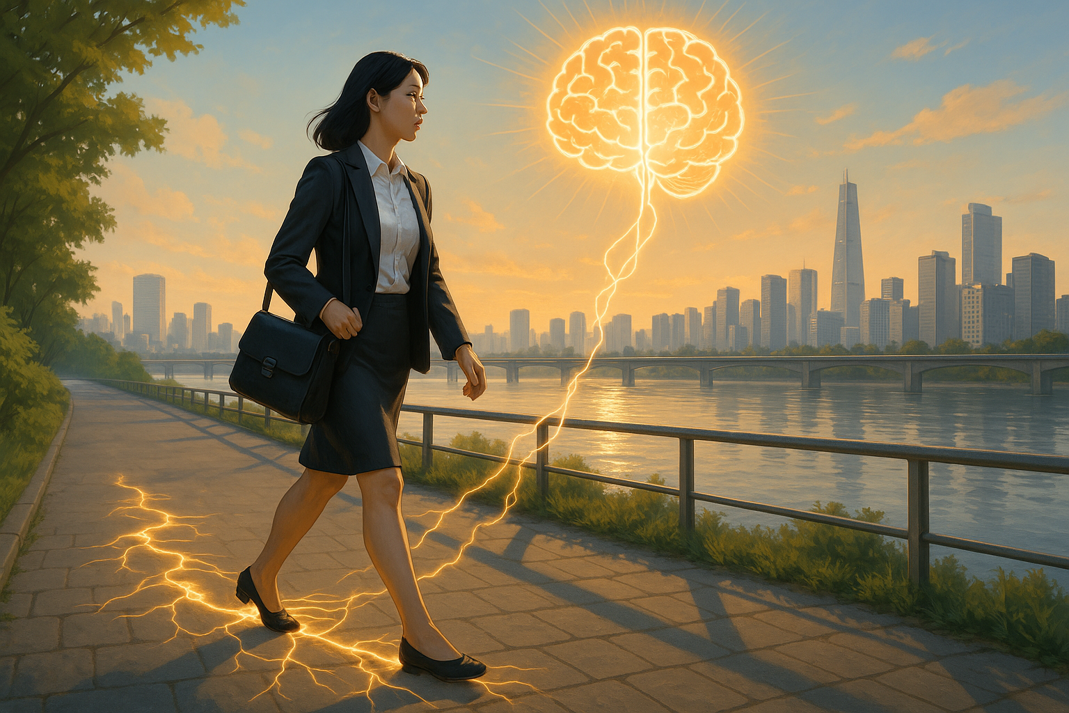 직장인 여성이 걸어서 출퇴근 할 때의 뇌 건강 관련 일러스트