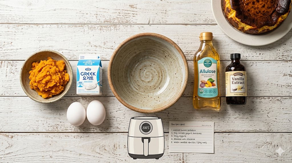 "소박한 나무 질감의 주방 조리대 위에 다섯 가지 핵심 재료가 정갈하게 놓여 있습니다: 으깬 고구마, 그릭요거트, 계란 두 알, 알룰로스 병, 바닐라 익스트랙 병. 그 아래로 '200도'로 설정된 소형 에어프라이어와 손글씨 레시피 카드가 배치되어 초보자도 쉽게 따라 할 수 있는 홈베이킹 과정을 시각화했습니다."