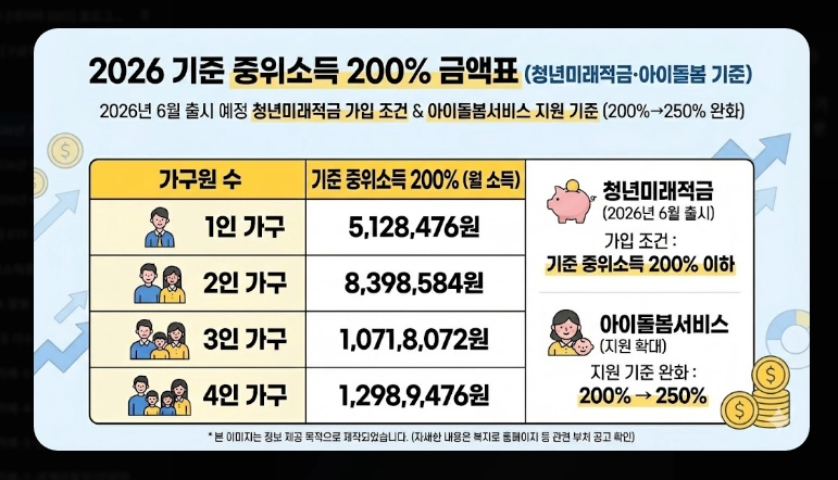 2026년 기준 중위소득 확인법 [복지 혜택] 100%~200% 구간별 정리 및 신청 가이드