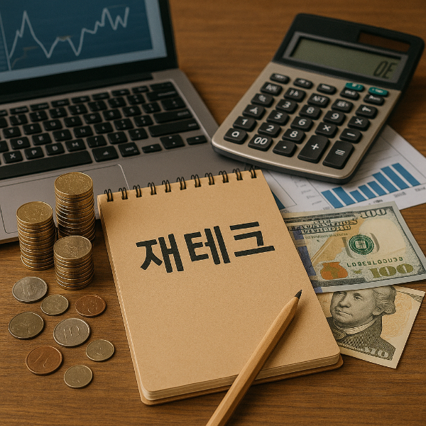 노트북,계산기,재테크노트그려있는 사진