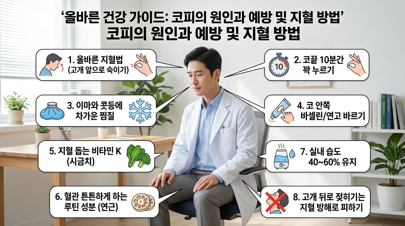 올바른 코피 지혈 자세(고개 숙이고 콧볼 압박), 냉찜질법, 지혈에 좋은 연근·시금치 식단, 습도 유지 수칙이 담긴 건강 인포그래픽 이미지