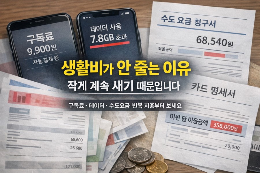 구독료와 데이터 요금, 수도요금, 카드 명세서가 함께 보이며 생활비가 작은 반복 지출로 계속 새는 구조를 설명하는 이미지