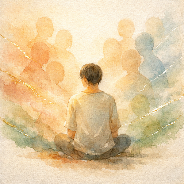 Premium East Asian watercolor illustration showing a human figure from behind, surrounded by soft supportive forms, expressing comfort and quiet courage