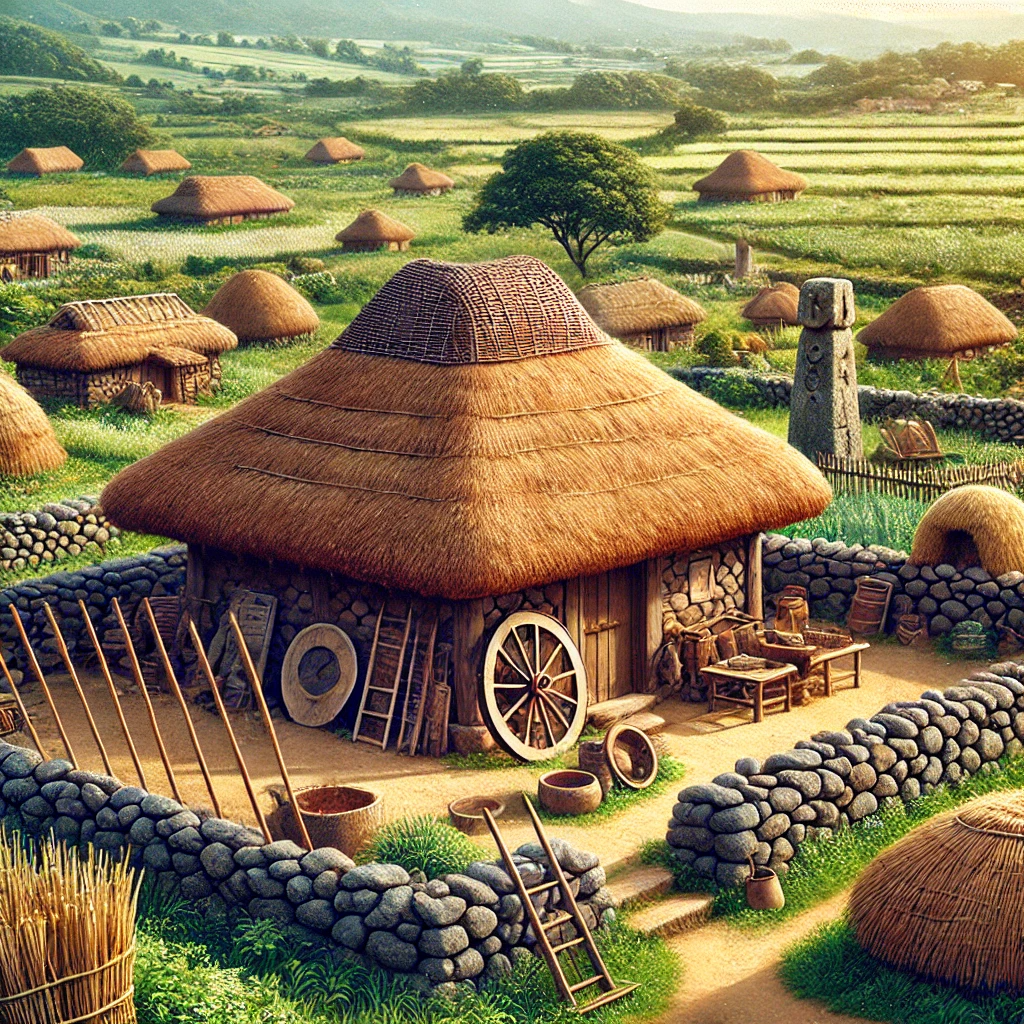 제주도 민속촌의 전통 초가집과 돌담, 옛 농기구가 보존된 문화 유산