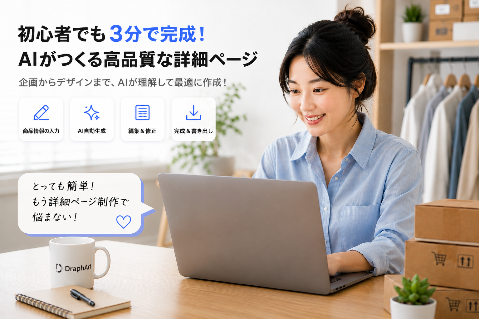 Draph Artなら、初心者でもAIを活用して、わずか3分で高品質な商品詳細ページを作成できます。企画からデザインまで、すべてAIにおまかせ！