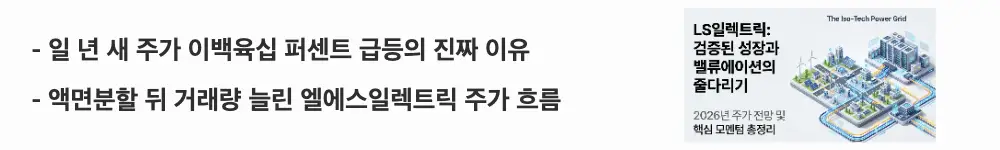 LS일렉트릭 주가 전망: &rsquo;일 년 새 주가 이백육십 퍼센트 급등의 진짜 이유'라는 문구가 포함된 웹배너 이미지. 이 이미지는 LS일렉트릭의 52주 주가 흐름과 액면분할 이후 거래량 확대라는 핵심 요약 정보를 시각적으로 전달하며, 블로그의 LS일렉트릭 주가 전망 주제와 관련된 내용을 설명함