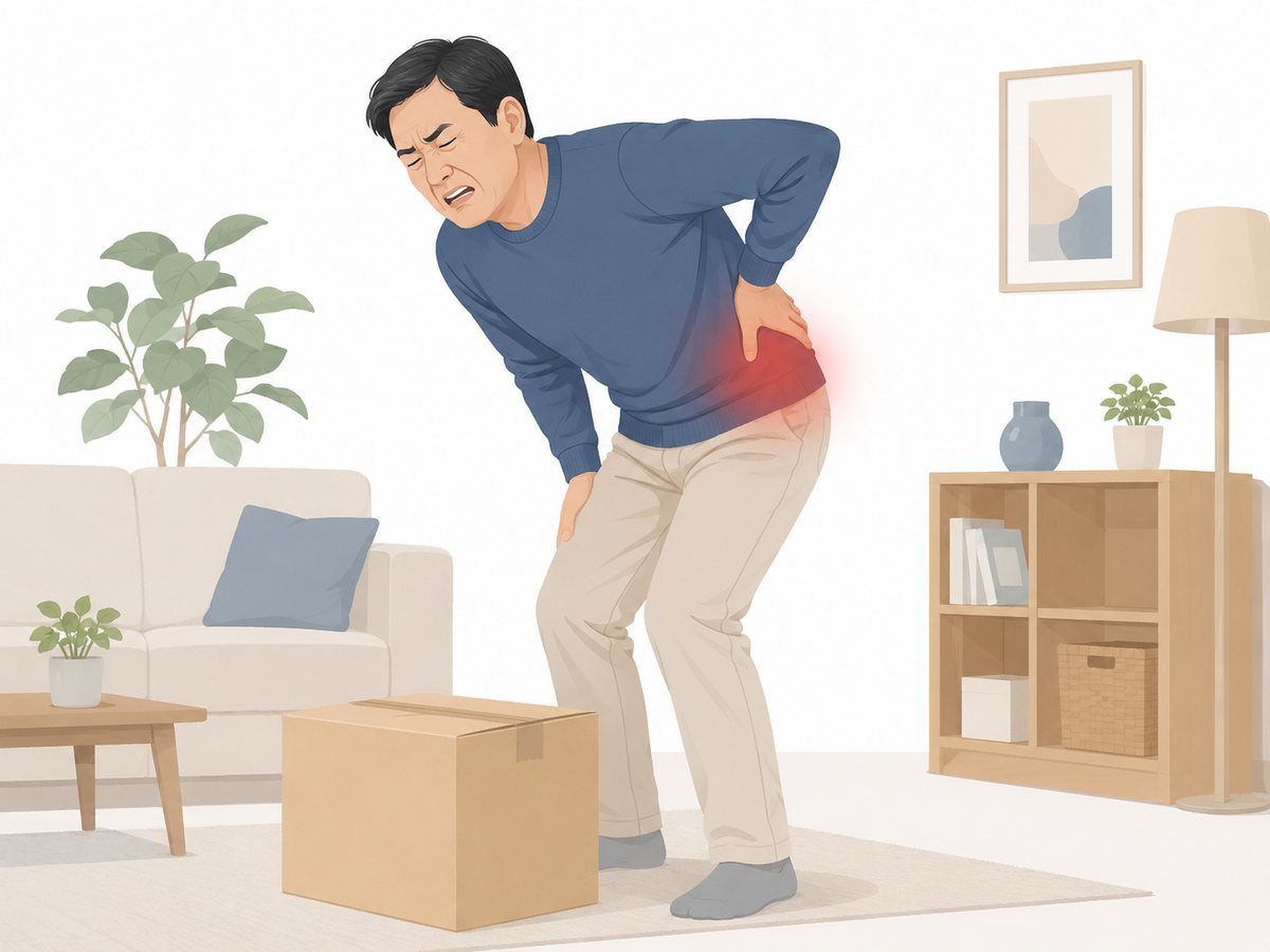 거실 바닥의 상자 앞에서 허리를 짚고 몸을 숙인 채 통증을 느끼는 남성, 요추 염좌