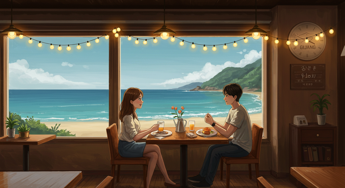 기장 오션뷰 카페에서 브런치하며 여유를 즐기는 커플